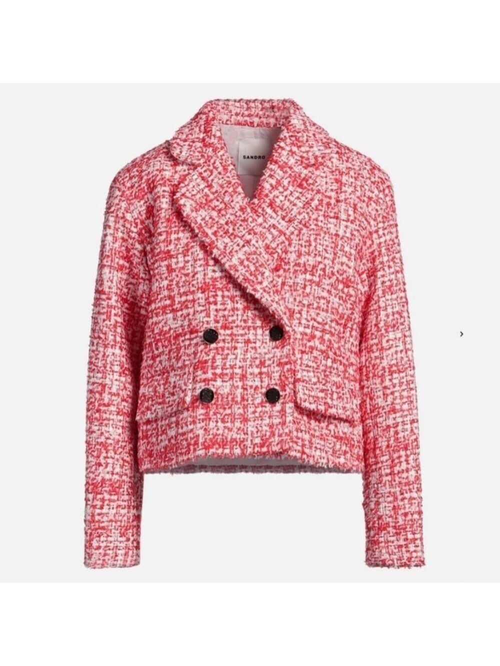 Sandro Cropped Short Tweed Jacket Blazer in Rouge sequins & metallic Sz XL - Picture 6 of 17